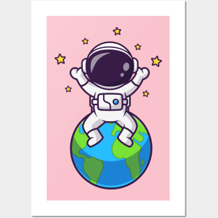Cute Astronaut Sitting On Earth With Star Cartoon Posters and Art